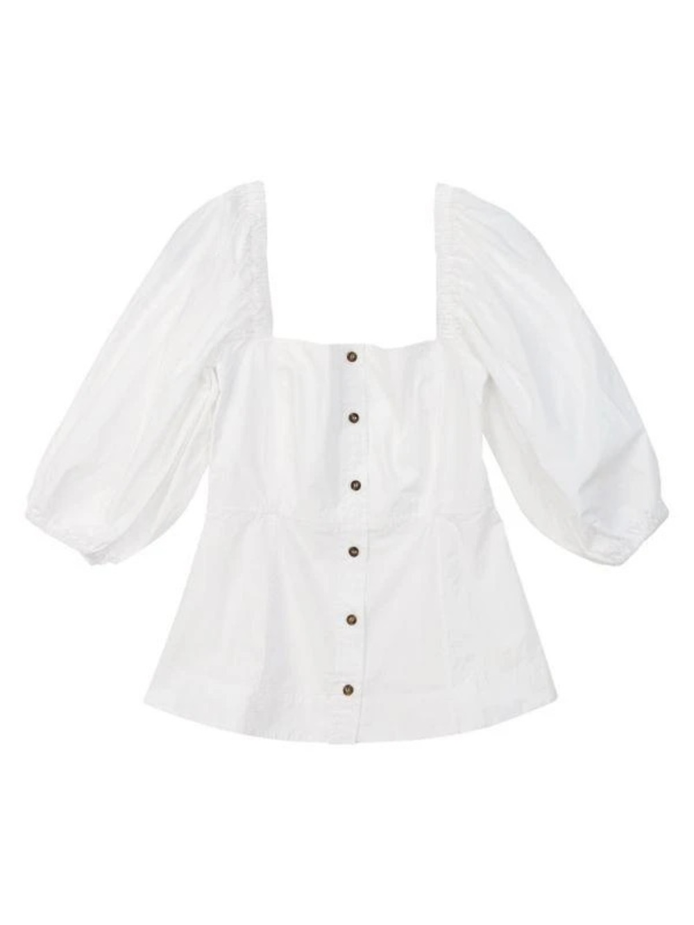 Ganni White Square-Neck Puff Sleeve Button Front Top